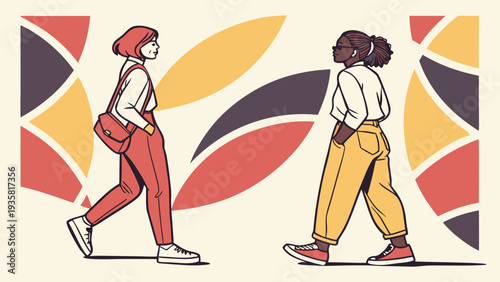 Two confident young women walking in modern casual outfits