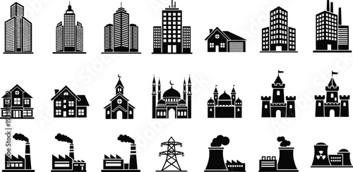 Set of black vector icons featuring city skyscrapers landmark cathedrals industrial factories bridges trees cars houses and diverse urban architectural silhouettes