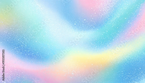 パステルカラーの虹色に輝くホログラフィックな背景素材は、幻想的なグラデーションと繊細なキラキラとしたグリッターが特徴で、夢のような柔らかい雰囲気を演出し、デザインのバックグラウンドや壁紙、SNS投稿用の画像として幅広く活用できる高品質なデジタルアートワークです。