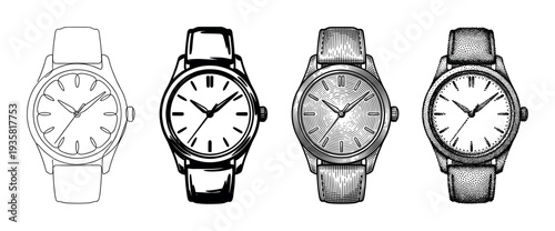 Four illustrated classic analog wristwatches in different graphic styles including line art, ink, engraving, and stippling, showcasing various artistic techniques for drawing timepieces