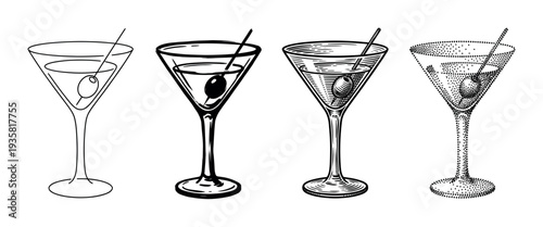 Four black and white martini cocktail glasses with olives are shown in a row, each rendered in a different artistic illustration style from simple line art to engraving and stippling