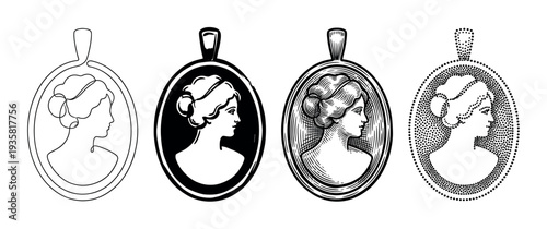 Set of four elegant cameo brooches featuring a woman's profile, illustrated in diverse graphic styles including continuous line, silhouette, hatching, and pointillism