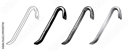 Four different crowbar hand tool illustrations in a row, showcasing various artistic techniques such as line art, silhouette, hatching, and stippling in a monochrome palette