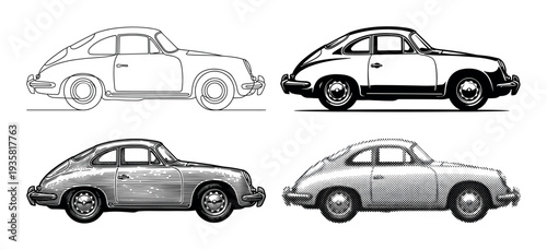 Four classic sports car coupe illustrations presented in a set of different graphic styles like line art, silhouette, vintage engraving, and halftone dot pattern