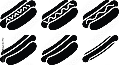 Hot Dog Silhouette Icon Set Featuring Various Sausage in Bun Symbols with Mustard and Ketchup for Restaurant Menu Design Fast Food Marketing