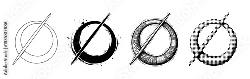 Collection of four empty set symbols rendered in diverse artistic styles like clean line art, grunge brushstroke, detailed Celtic knotwork engraving, and a retro halftone pattern