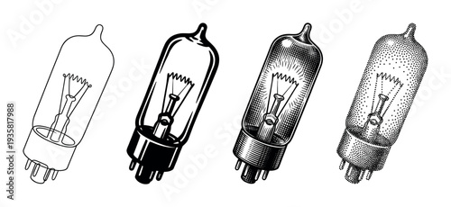 Vintage electronic vacuum tube illustration set showing four different graphic styles: outline, solid black, detailed engraving, and stippling or pointillism art