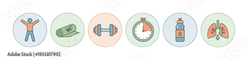 Set of six health and fitness icons showing a person stretching, an eco yoga mat, dumbbell, timer, water bottle, and lungs for a healthy lifestyle concept in a flat line art style