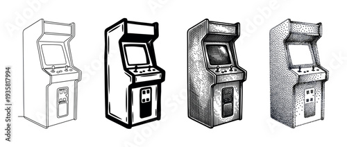 Set of four retro arcade machine illustrations showcasing different artistic styles including line art, solid ink, detailed engraving, and stippling for a vintage gaming concept