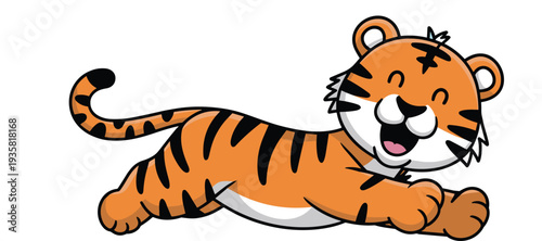 Cute cartoon tiger cub lying and smiling playful jungle animal character illustration isolated on white background for kids mascot design vector clipart