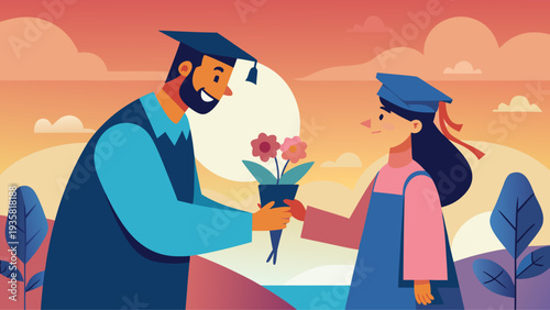 Graduate giving flowers to teacher during graduation celebration warm flat vector illustration symbolizing gratitude education achievement and mentorship