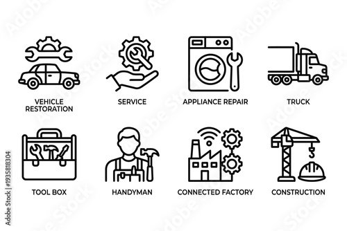Service and Industry Icons: Vehicle Restoration, Hand Service, Appliance Repair, Truck, Tool Box, Handyman, Connected Factory, Construction Crane
