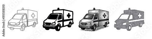 Set of four ambulance illustrations in diverse artistic styles including simple outline, solid silhouette, vintage engraving, and modern stippling for medical concepts