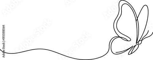 A fluid single black line illustrates a graceful butterfly in mid flight with delicate wings