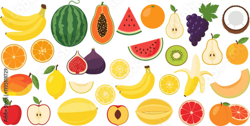 Large Tropical Fruit Icon Collection Featuring Banana, Watermelon, Papaya, Orange, Grapes, Coconut, Kiwi, Mango and Citrus Fruits for Healthy Food Design