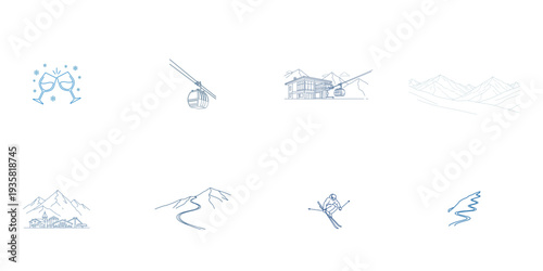Bundle of eight blue line depicting winter mountain resort activities and scenery ski resort skiing