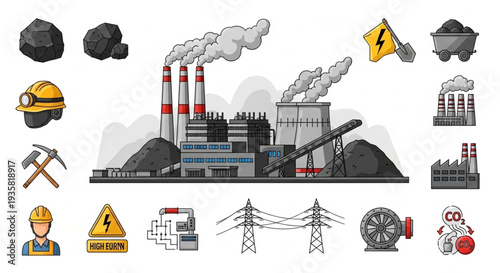 Coal mining industry and power plant illustration elements.