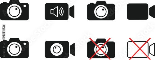 Set of camera and video icons including digital photo camera, movie recorder, multimedia symbols, and no photography prohibited signs for interface design
