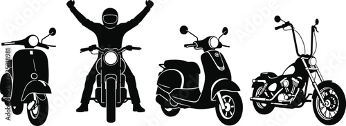 Set Of Black Motorcycle And Scooter Silhouette Vector Icons Featuring Classic Mopeds Retro Scooters Chopper Motorbike And Biker With Raised Arms Up Isolated