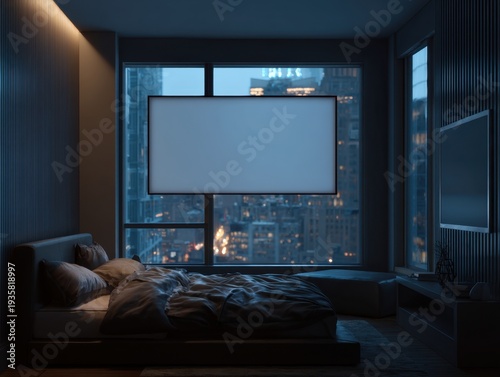 Modern bedroom with large window and projector screen. Bed looks cozy and unmade, inviting relaxation. City lights glow softly through glass panes. Minimalist design features dark tones