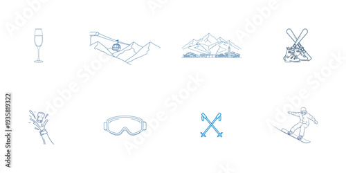 Bundle of ski resort and celebration with transparent background champagne glass ski lift