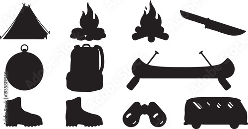 Campfire icon set in flat design. Bonfire with burning wood logs symbol. Black and color vector illustration of fire flame. Concept for camping, heat, danger, warmth.