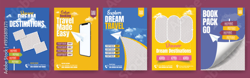 Travel Agency  Flyer Poster Template Pack for Summer Vacation Holiday Tour Packages, Tourism Promotion, Hotel Resort online Booking, Flight Ticket, Study Abroad Marketing design bundle