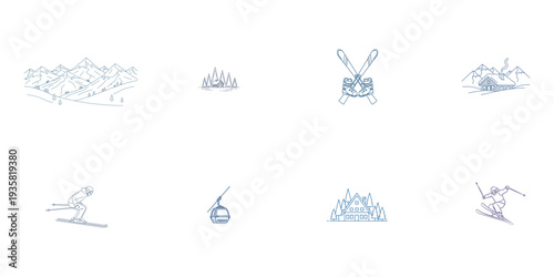 Skiing bundle with mountains cabin ski lift and skiers line