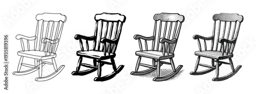 Four vintage wooden rocking chairs depicted in various black and white illustration styles, including outline, solid fill, hatching, and stippling, showcasing classic furniture design