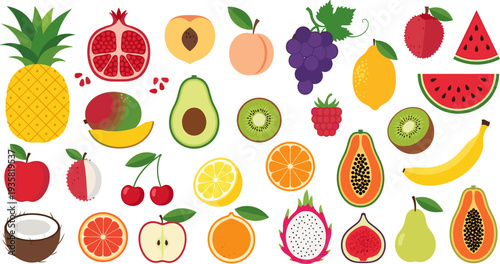 Large Tropical Fruit Icon Set Featuring Pineapple, Pomegranate, Mango, Avocado, Kiwi, Papaya, Banana, Apple and Citrus for Healthy Food and Nutrition Design