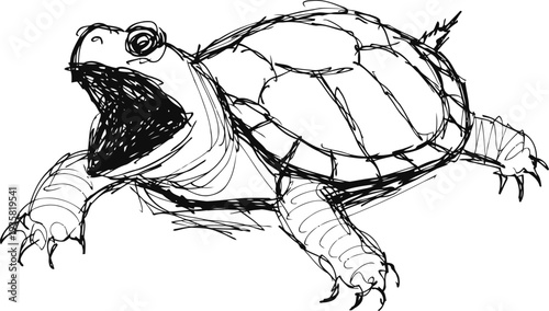 Sketch of a yawning turtle with detailed shell and claws in black ink drawing