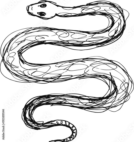hand drawn snake illustration in black ink, abstract reptile sketch with flowing body and detailed head
