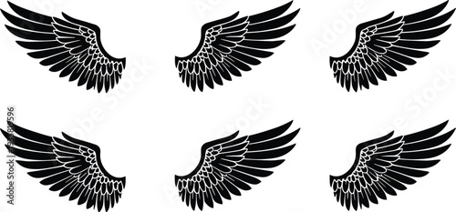 Black angel wings silhouette set detailed feather vector illustration collection isolated on white background tattoo and logo design