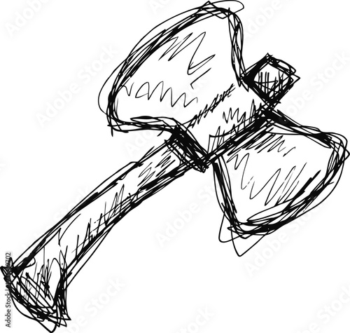 Hand drawn double headed axe sketch, rough black ink drawing of medieval weapon