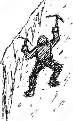 Mountaineer climbing icy wall with ice axes in extreme cold and snowy weather conditions
