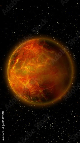 A planet with a mountainous and canyon-like terrain orbits in the depths of space. This video is suitable for space and science projects.
