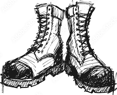 hand drawn sketch of rugged lace up boots with thick soles and sturdy design