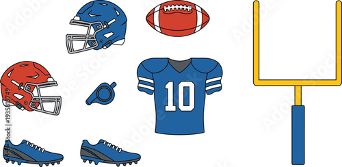 American football equipment set with helmet jersey ball shoes whistle and goal post cartoon vector illustration isolated on light background