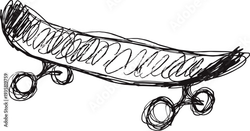 Hand drawn skateboard sketch with curved deck and round wheels, doodle drawing on white background