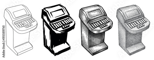 Four distinct vintage cash register illustrations showcase various artistic styles including line art, solid black, detailed hatching, and stipple dot work, presented with a nostalgic, graphic appeal