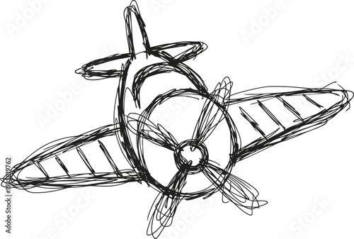 Vintage airplane sketch with propeller and wings in black ink doodle drawing