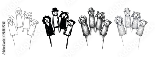 Four distinct artistic styles depict charming finger puppets, showcasing a man, a woman with bear ears, a curly-haired man, and a monkey in a creative, illustrative collection