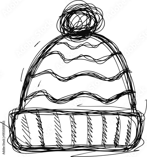 Winter knit hat sketch with pom pom, warm woolen beanie illustration for cold weather