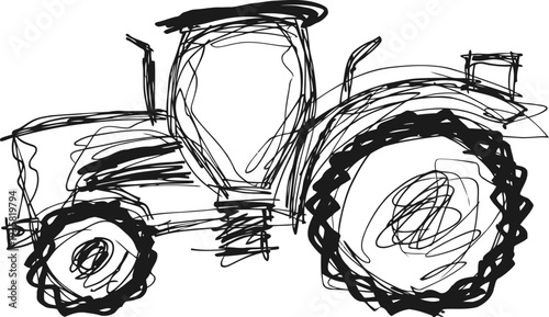 Black sketch of large agricultural tractor with big rear wheels and cabin outline