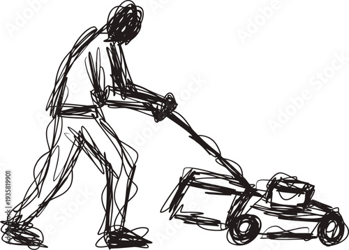 person mowing lawn with push mower, garden maintenance outdoor activity, yard care and landscaping