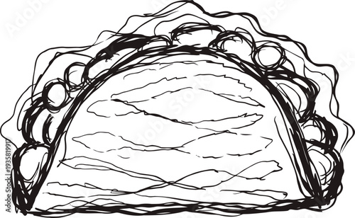 Taco illustration with filling and toppings mexican traditional food, hand drawn outline sketch