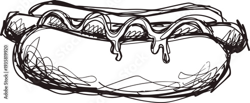 Hand drawn hot dog with dripping ketchup, sandwich bun and sausage illustration in sketch