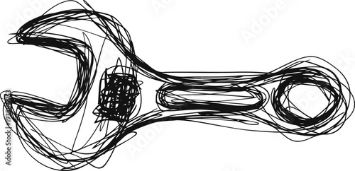 abstract wrench illustration hand drawn tool sketch with rough black lines on white background