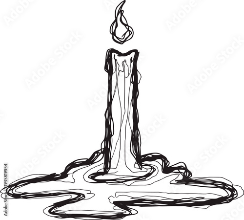 Melting candle with flame hand drawn wax melting pattern with fluid edges and dripping detail burning light source in sketch