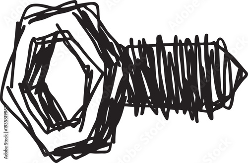 Hand drawn bolt and nut black sketch mechanical fastener with hexagon nut and threaded screw assembly